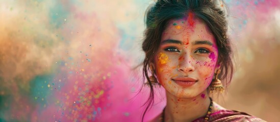 Portrait of a young Indian woman in a saree celebrating Holi with colors Commemorating a traditional Indian festival in ethnic attire. with copy space image. Place for adding text or design