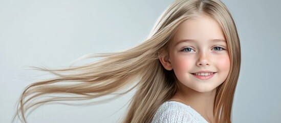 Aufkleber - A cheerful eight year old girl with pretty blond hair Young model featuring naturally beautiful long straight hair Layout includes free copy space