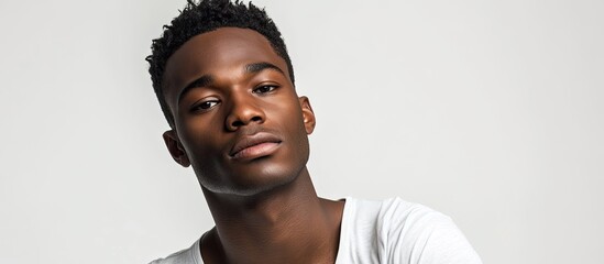 Poster - Attractive African American man gazing at the camera with a white background. with copy space image. Place for adding text or design