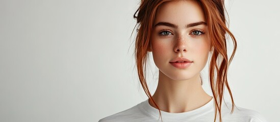 Poster - Attractive young woman wearing a fashionable t shirt against a white background. with copy space image. Place for adding text or design