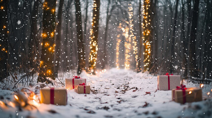 Enchanted Winter Forest with Christmas Lights and Gifts