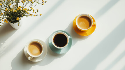 Brightly colored mockup cafe menu featuring stylish coffee cups and floral arrangement on a white background