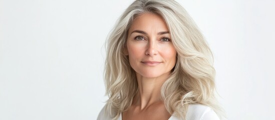 Poster - Attractive middle aged blonde woman against a white background. with copy space image. Place for adding text or design