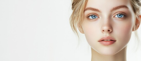 Poster - A young woman with blue eyes blonde hair and clear skin is looking at the camera against a white background. with copy space image. Place for adding text or design