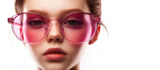Poster - Portrait of a teenage girl wearing large pink glasses Isolated on a white background. with copy space image. Place for adding text or design