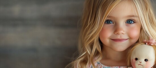 Poster - Adorable young girl with blonde hair holding her doll and smiling. with copy space image. Place for adding text or design
