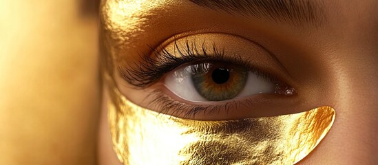 Poster - Gold hydrogel eye patches with collagen for masking and moisturizing the skin beneath the eyes embodying the concept of women s beauty care. with copy space image. Place for adding text or design