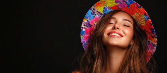 Poster - Joyful girl wearing a vibrant hat and having long brown hair Urban setting with a black backdrop. with copy space image. Place for adding text or design