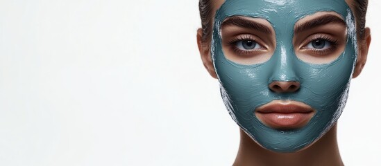 Poster - Young attractive woman wearing a therapeutic blue mud face mask Spa treatment self care and healthy skin Copy space white background
