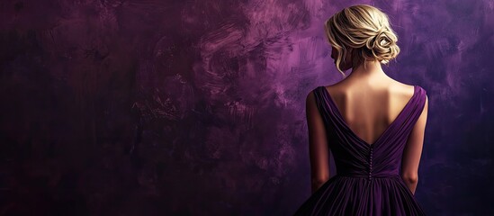 The girl is a blonde wearing an elegant purple dress. with copy space image. Place for adding text or design