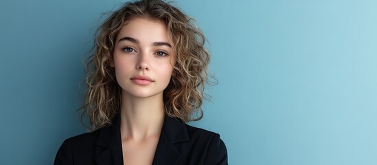 Poster - Close up portrait of a pretty attractive young woman with curly dark blonde hair standing against a blue background wall with copy space for text dressed in trendy everyday black