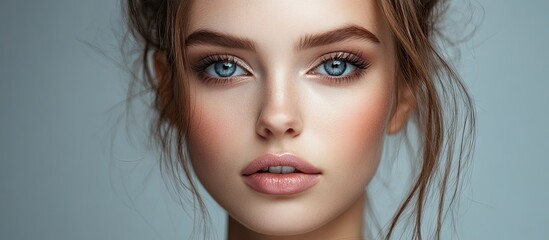 Poster - Close up portrait of an expressive glamorous girl against a grey background. with copy space image. Place for adding text or design