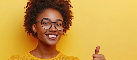 Poster - A beautiful young African American woman wearing glasses is smiling happily against an isolated background looking to the side and giving a thumbs up. with copy space image