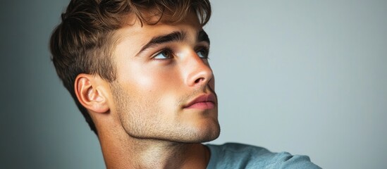 Poster - A handsome young man gazes thoughtfully to the side Studio shot. with copy space image. Place for adding text or design