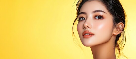 Poster - Beautiful Asian woman model with natural makeup and fresh clean skin against a yellow background Skincare facial treatments cosmetology beauty and spa women s portrait. with copy space image