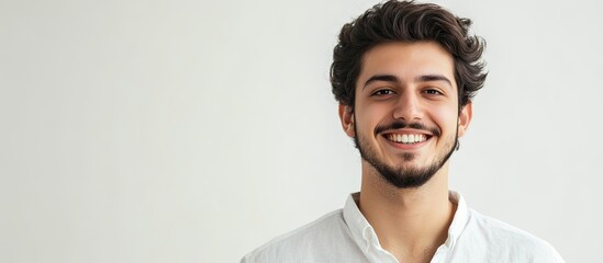 Poster - Portrait of a stylish young Arab man smiling in front of a white background. with copy space image. Place for adding text or design
