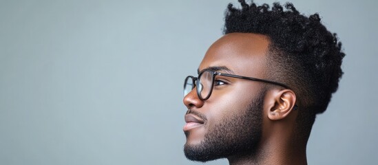 Poster - Portrait of a handsome young stylish African American man in eyeglasses looking off to the side isolated against a grey background. with copy space image. Place for adding text or design