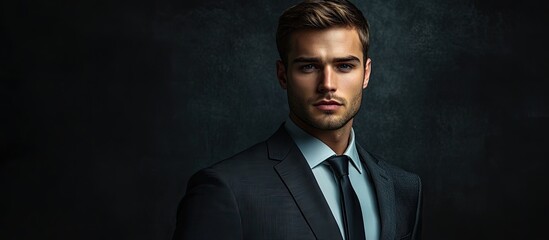 Poster - Young and self assured businessman Professional in a suit against a dark backdrop. with copy space image. Place for adding text or design