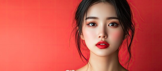 Poster - young appealing Asian woman suggest. with copy space image. Place for adding text or design