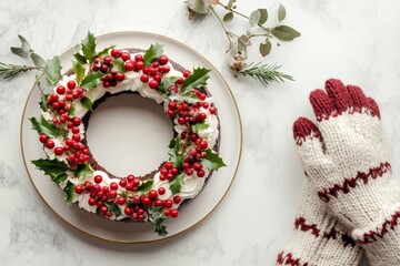 Wall Mural - Festive cake with berries and holiday decoration on marble background