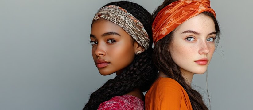 Close up portrait of two young women from different ethnic backgrounds standing back to back in traditional clothing. with copy space image. Place for adding text or design