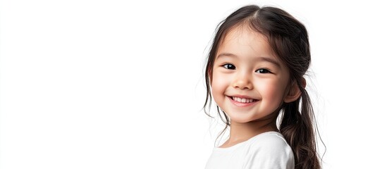 Poster - Portrait of a joyful little Asian girl isolated on a white background with copyspace Concept of a smiling child