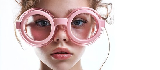 Poster - Portrait of a teenage girl wearing large pink glasses Isolated on a white background. with copy space image. Place for adding text or design