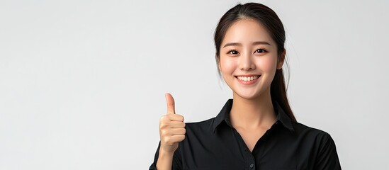 Poster - Beautiful Asian woman in a black shirt giving a thumbs up set against a white background. with copy space image. Place for adding text or design