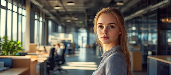 Aufkleber - Portrait of a young white woman in a bustling contemporary workplace. with copy space image. Place for adding text or design