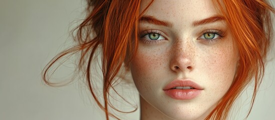 Poster - distressed female fashion model attractive appearance of young girl portrait of a redhead woman Isolated face portrait of a lady banner with copyspace