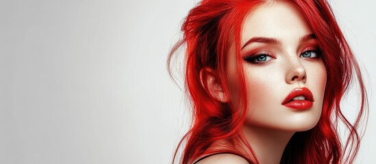 Poster - Portrait of a stunning female fashion model with red hair posing against an isolated white background. with copy space image. Place for adding text or design