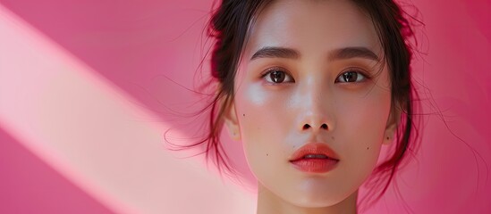 Poster - Portrait of a beautiful Asian woman against a pink background. with copy space image. Place for adding text or design