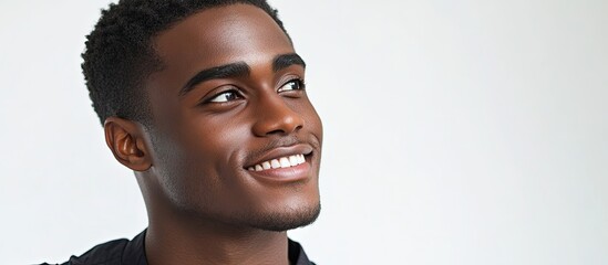 Close up portrait of a young man smiling and gazing off to the side against a white background. with copy space image. Place for adding text or design