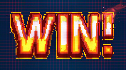 Poster - Pixelated text design with vibrant win graphic in retro style for gaming and celebration