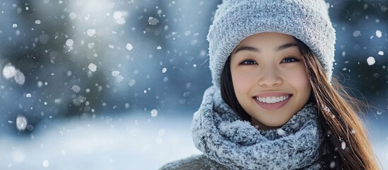 Snowy winter portrait of a woman outdoors on a white winter day A beautiful Asian girl smiling happily outside. with copy space image. Place for adding text or design