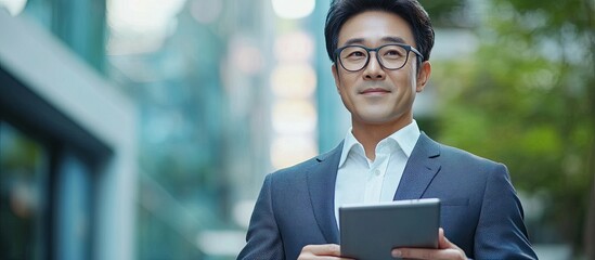Poster - Attractive Asian businessman holding a digital tablet dressed in a suit and wearing eyeglasses The executive leader has achieved business success The man exudes confidence Professional portrait of 