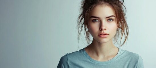 Poster - Attractive young woman wearing a fashionable t shirt against a white background. with copy space image. Place for adding text or design