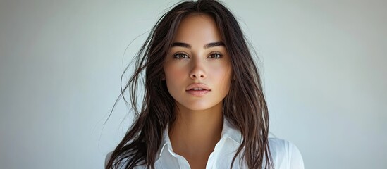 Fototapete - Attractive Brazilian woman wearing a white shirt during a photo shoot. with copy space image. Place for adding text or design