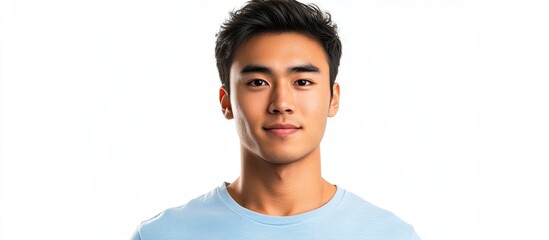 Poster - Young Asian man wearing a plain blue t shirt against a white background. with copy space image. Place for adding text or design