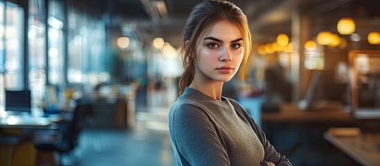 Aufkleber - Portrait of a young white woman in a bustling contemporary workplace. with copy space image. Place for adding text or design