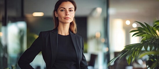 Poster - Confident businesswoman standing with her hands in her pockets and gazing away in an office. with copy space image. Place for adding text or design
