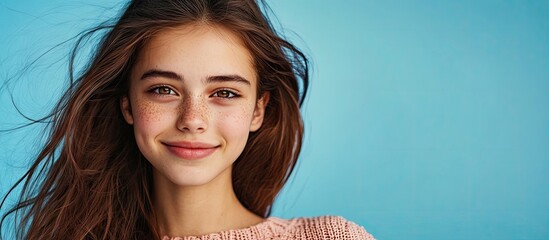 Poster - Portrait of a charming cheerful girl with long hair posing in a way that allows for copy space set against a bright blue background