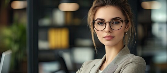 Poster - portrait of an attractive young woman in an office setting. with copy space image. Place for adding text or design