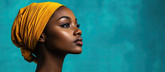 Poster - Beauty headshot of an African woman positioned against a blue background Portrait of an African woman wearing a headscarf She displays a strong attitude. with copy space image