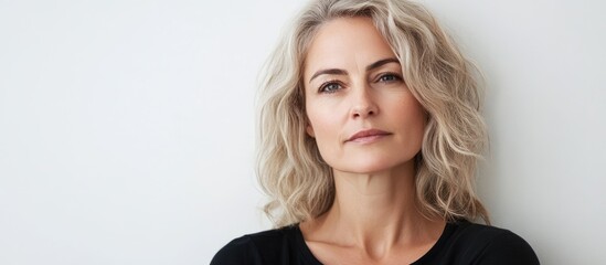 Poster - Attractive middle aged blonde woman against a white background. with copy space image. Place for adding text or design