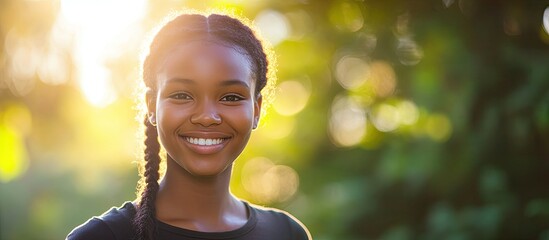 Poster - Portrait of a cheerful young black woman in a park with sunlight flare and copyspace