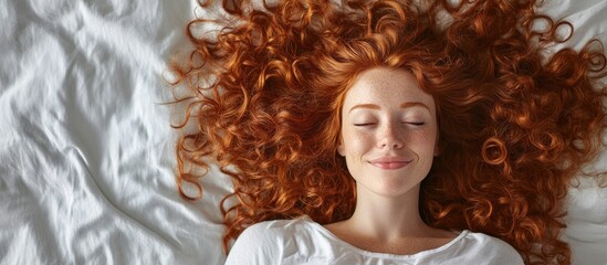 Top view of a joyful cheerful mature woman with long red curly hair in bed A cute chubby brunette plus size girl is enjoying a pleasant day relaxing and embracing body positivity with copy space av