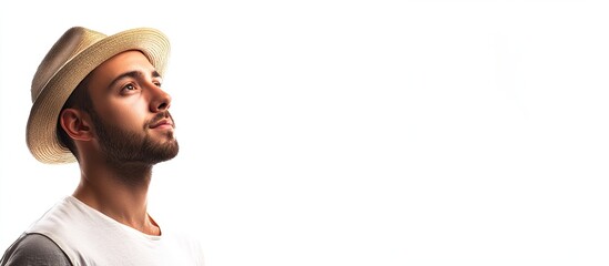 Poster - Portrait of a young man wearing a hat positioned next to a blank space isolated on a white background. with copy space image. Place for adding text or design