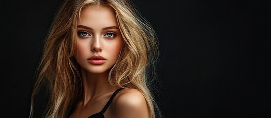 Poster - Portrait of a young attractive blonde girl wearing a black summer dress. with copy space image. Place for adding text or design