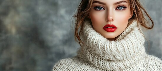 Poster - Vertical portrait of a lovely well groomed woman wearing a fashionable white knitted sweater. with copy space image. Place for adding text or design